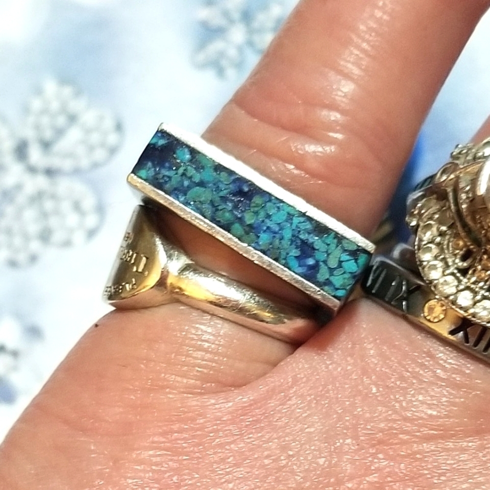VTG TAXCO Signed Square Crushed Turquoise Band Ring